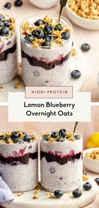 Creamy lemon blueberry overnight oats bursting with bright flavor and naturally sweetened with a little pure maple syrup. These delicious, easy lemon blueberry overnight oats pack over 14 grams of protein and make the perfect meal prep breakfast for busy weeks.