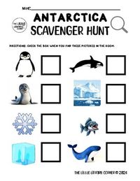 Let's go on an Antarctica Scavenger hunt!Place the pictures around the classroom or library. Children will make a checkmark in the box on their worksheet when they find each picture. There are 8 Antarctica-themed pictures to find (penguin, seal, snowflake, ice, orca, ocean, fish and blue whale).This is a fun activity for children that can be used for all ages. The scavenger hunt would be a great addition to your penguin or Antarctica-themed unit, lesson plan or storytime in the classroom or library.This is included in the Penguins Storytime download in my store along with other Penguin games and activities.Check out some other Penguin activities:Penguin Tic-Tac-ToePenguin Snow Globe Craft TemplatePenguin Craft TemplateFind The Penguin Game