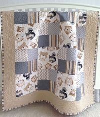 Patchwork Baby Quilt featuring Wee Woodland Critters by Timeless Treasures Owls Teddy Bears Squirrels Blue Grey Tan White Toddler Quilt on Etsy, $149.99: