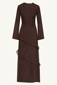 Indulge in the luxury of the Sabrina Waterfall Mesh Maxi Dress in Espresso. This exquisite dress features a stunning mesh design, with a rouched waist for a flattering fit. The delicate waterfall ruffle detailing adds a touch of sophistication and elegance. Perfect for a glamorous night out. Model is 5'7" and is wearing size S/58". Please note this garment runs tight. We kindly recommend choosing one size up from your usual size.