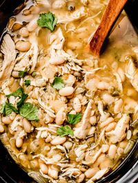 White chicken chili verde is warm, comforting and easy to make with very little hands on time in the kitchen. Throw everything in the crockpot or Instant Pot and dinner is done! It's loaded with tender chicken, beans and verde sauce for a healthy, protein packed dinner! Serve over rice, a side of sourdough tortillas or with tortilla chips.