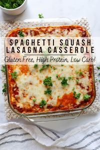 This is a great, easy spaghetti squash bake recipe! If you're looking for a low carb, low calorie, high protein, keto friendly, macro friendly dinner idea, this one is the best (it's even gluten free)! This casserole is made with cooked squash, ground beef (or sub ground turkey, ground chicken or Italian sausage), garlic, tomato, Italian seasonings, salt, pepper, cottage, ricotta, mozzarella cheeses & egg. Top with fresh parsley & parmesan cheese! Just 234 calories per serving & 10.5