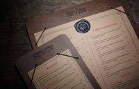 seven - branded particle board menus with elastic/metal brackets to hold.