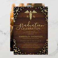 Rustic medical school graduation party invitations featuring a rustic wooden background, real gold foil confetti, the caduceus symbol, and a modern foil celebration template that is easy to personalize.