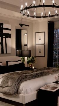 Luxury bedroom inspiration idea, classy decor, beige, cream, black bedroom decor, modern home decor