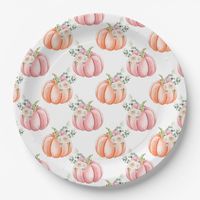 Beautiful soft orange and pink pumpkins with delicate floral touch, seamless pattern paper plates are great for a party rustic wedding or an intimate dinner.