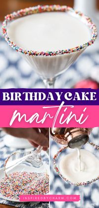 Need an easy party drink for someone's special day? Learn how to make a Birthday Cake Martini! Creamy with a sprinkle rim, this whipped vodka drink is so much fun! Save this simple cocktail recipe!