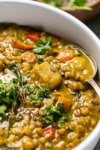 close up of lentil curry with a silver spoon.