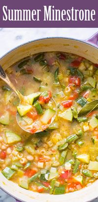 Minestrone soup featuring fresh summer garden vegetables! With zucchini, tomatoes, green beans, celery, bell pepper, chicken stock,…