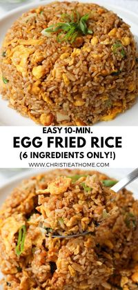 If you have eggs and leftover rice, this easy 10-minute fried rice recipe is the best go-to meal! Made with only 6 ingredients, this is a great main dish, side dish or meal that is budget friendly! I share tips to make it taste like Chinese takeout.