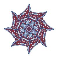 An 8-point mandala that looks like an octopus masquerading as a flower. Red and white, flowing, multiplying patterns, laced in blue. Joyfully made in Procreate. Available on 76 products at RedBubble.