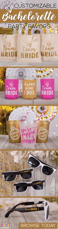 If you're a bride to be, show your #bridetribe how special they are by gifting them with unique #bachelorette party favors! If you're in charge of a bachelorette party, these are the perfect favors for everyone to enjoy during the festivities and to hold on to for memories! These customizable favors include drinkware, #koozies, sunglasses, tote bags & more! Keep the fun going all night, browse our selection today!