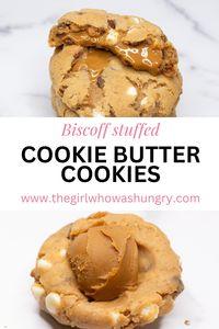 The most delicious, thick, gooey in the center and crunchy on the edges Biscoff Cookie Butter Cookie you'll ever taste. These cookies have milk chocolate chips, white chocolate chips, and chunks of Biscoff cookies in them AND they are stuffed with cookie butter. Literally to die for!