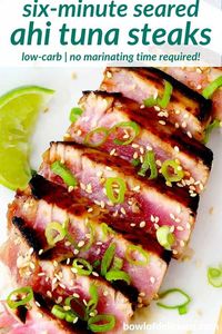 This seared ahi tuna steak recipe takes only 6 MINUTES to make start to finish! It's a perfect low-carb recipe made with a delicious honey-soy marinade, with no actual marinating time required.