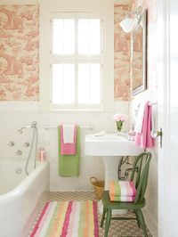 kids bathroom idea, Toile wallpaper, striped rug