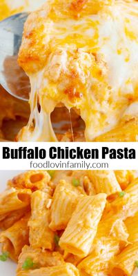 Buffalo Chicken Pasta Bake is easy to make and is a delicious, flavorful meal. Perfect for rotisserie chicken or leftover chicken, this is a tasty family dinner. #buffalochickenpasta