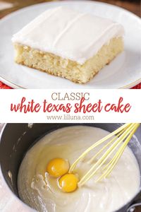 A white version of classic sheet cake! This cake is moist and is topped with an amazing frosting with hints of almond throughout. It also feeds a ton, making it great for parties and get together. #whitetexassheetcake #texassheetcake #dessert #dessertrecipe #cake