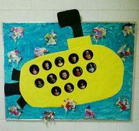 Classroom bulletin board idea for Ocean Themed. Cute submarine with students pictures.