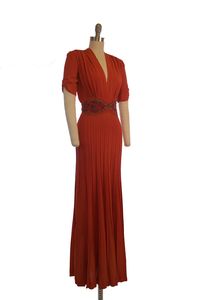 1930s Fashion: Late 1930s Evening Gown in Saturated Vermillion Orange-Red with Beaded Midwaist. Stunning Vintage Dress! #1930s #1930sfashion #vintagedress #eveninggown #eveningdress