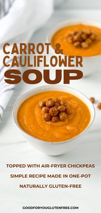 This carrot and cauliflower soup recipe is one of my favorite winter-weather treats. Fresh carrots and cauliflower are cooked with aromatic onions, garlic, and ginger, then pureed into a silky smooth soup. It's light, sweet, and creamy, all wrapped into one beautiful and naturally gluten-free and paleo soup.