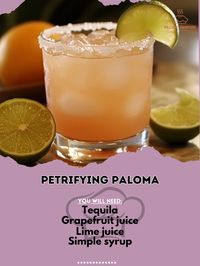 💀 "Petrifying Paloma—a spooky twist on the classic Paloma. Ideal for adding some frightful fun to your Halloween party! 🕷️🍹 #PetrifyingPaloma #HalloweenCocktails" Petrifying Paloma Ingredients: Tequila (1 1/2 oz) Grapefruit juice (2 oz) Lime juice (1/2 oz) Simple syrup (1/2 oz) Club soda (2 oz) Ice (as needed) Salt (for rim) Lime wedge (for garnish) Instructions: Rim the glass with salt. Fill the glass with ice. In a shaker, combine tequila, grapefruit juice, lime juice, and simple syrup....