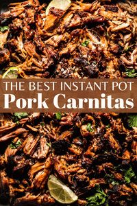 The BEST Instant Pot Pork Carnitas are easy to make at home with your electric pressure cooker. A quick pop under the broiler at the end gets them nice and crispy! #carnitas #instantpotcarnitas #tacos #instantpotrecipe #pressurecookerrecipe #carnitastacos #porkcarnitas #mexicanfood