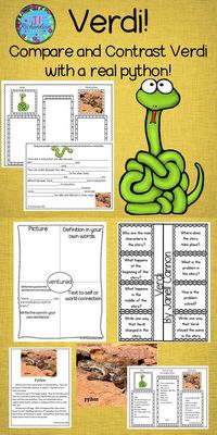 Verdi by Janell Cannon is a delightful story of a snake that doesn't want to turn old and green. This activity uses paired texts to compare and contrast Verdi with a real python! It is a great Back to School Activity to use on being yourself!  It includes: 7 vocabulary graphic organizers A fun interactive printable to show understanding of text! Compare and contrast graphic organizer Non-fiction printable of a python Compare and contrast sentence frame