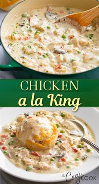 This Chicken a la King recipe is made from scratch with a creamy mushroom sauce, peas, pimentos, and juicy chicken. Serve this with rice, egg noodles, biscuits, or pastry!