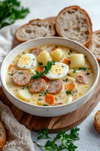 Savor Polish White Borscht with White Sausage, a classic dish. This simple recipe is perfect for family meals, offering a delicious and hearty soup. #PolishFood #PolishRecipes #FamilySoup #WhiteBorscht