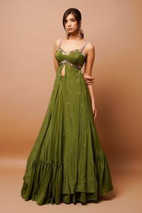 Buy Ahi Clothing Green Heavy Crepe Front-slit Kurta And Ruffle Hem Lehenga Set Online | Aza Fashions