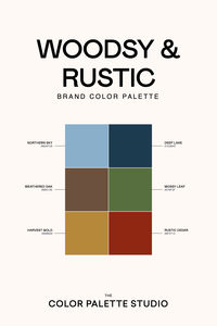 Here's a starter palette for a Woodsy and Rustic themed brand, including hex codes.  We love graphic designers, and we made you a color palette builder, a contrast tester for WCAG accessibility, and a brand visualizer for viewing your fonts and colors on interactive live website mockups!