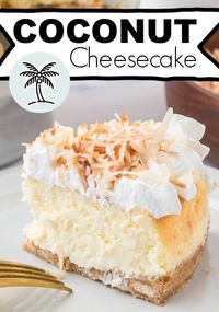 This coconut cheesecake recipe only takes an hour to bake and even has toasted coconut on top if desired! YUM! #coconut #cheesecake #recipe #toasted