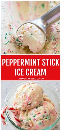 This festive peppermint stick ice cream is blended with crushed candy canes and peppermint extract. It's perfect for the holidays! #peppermintstickicecream #peppermint #icecream #dessert #christmas