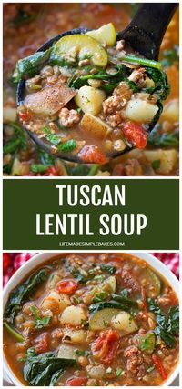 This hearty tuscan lentil soup is packed full of veggies and protein! It's a breeze to make and can easily feed a crowd! #tuscanlentilsoup #lentilsoup #tuscansoup #easysoup #veggielentilsoup