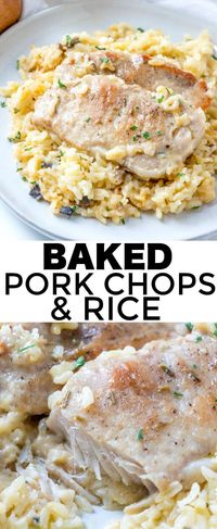 Easy, herby and flavorful this Baked Pork Chops & Rice recipe is a fork tender, filling dinner recipe that the whole family can and will enjoy. #pork #porkchops #rice #herbs #porkchoprecipe #weeknightdinner #soup #porkrecipe 