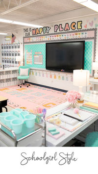 This is our happy place inspirational classroom header!  We used our Saved By The Pastel Classroom Decor theme for this classroom makeover by Schoolgirl Style! This pastel aesthetic collection is inspired by 90s nostalgia of school supplies, pastels and checkerboard. It's bright and cheery yet calm.  Perfect for all classrooms!   Classroom decor ideas. Pastel classroom decoration ideas.