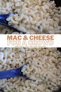 This recipe for mac and cheese for a crowd is a cheesy dish that's ready to party! Easy comfort food that has just a few ingredients but is so satisfying. #macandcheese #partyfood