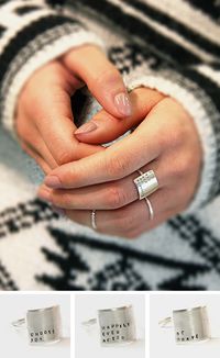 Stamped with teeny-tiny uppercase letters, this message ring makes quite the statement. The sterling silver plate features a song lyric, poem or saying of your choice, carefully stamped by hand. Your note will be aligned to the left and bottom sides of the rectangle, with any blank space left on top.