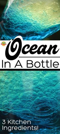 Make a mesmerizing ocean in a bottle with 3 kitchen ingredients! Great calm down bottle or sensory bottle! Tip the bottle end to end to create undulating waves and bubbles. It's fascinating to watch! #HappyHooligans #Kids #Crafts #Daycare #Toddlers #Preschool #Preschoolers #Sensory #Activity #WaterPlay #CalmDown #Science