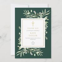 An elegant funeral thank you card you can personalize with your own thank you message featuring watercolor botanical greenery foliage on an emerald green background. Designed by Thisisnotme©