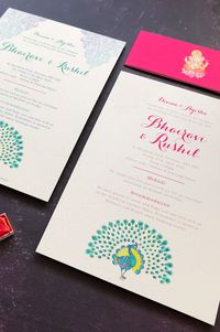 A 'His' & 'Hers' suite of a combination of illustrations and designs pulled together to create a unique and personalised Indian wedding suite. Beautiful hand-painted watercolour tile design, paired with an intricate hand-painted vibrant peacock illustration. A stunning custom suite for an Indian Summer mehndi, sangeet and wedding invitation. Bespoke stationery. Vibrant Wedding Invitation, colourful wedding. #peacock #indianweddinginvitation #handpainted #watercolor