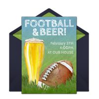 We just love this free "Football and Beer" invitation design. A fun invitation for a Super Bowl birthday party. Easily personalize and send to guests online via email.