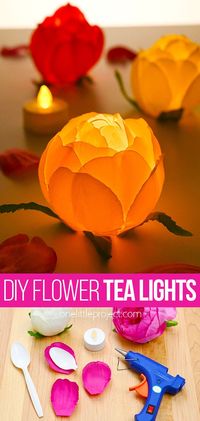 Use plastic spoons and faux flower petals to make a beautiful flower tealight! This flameless tealight candle flickers and glows beautifully in the dark, illuminating the DIY flower. They make great homemade decorations for parties or weddings! It's such a fun and easy spring and summer craft, and you can buy the simple craft supplies at the dollar store!