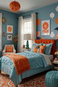 Looking to revamp your teen’s room? Incorporate bold blue and vibrant orange accents for a modern and chic space. Bedding options, wall art, and decor tips to make this color combo pop while creating a cozy vibe your teen will love. #TeenRoomInspiration #OrangeAndBlueDecor #TeenBedroomMakeover #ModernTeenBedroom