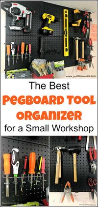 When looking for pegboard tool organization ideas this pegboard tool organizer is perfect for organizing tools on a pegboard wall with limited space. Tool pegboard, pegboard tool holder, pegboard tool storage, tool pegboard ideas, pegboard storage, tool hanging board, pegboards, peg board organizer #pegboardtoolorganizer #pegboardorganizer #toolorganization via @justthewoods