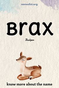 Brax of English origin and means Badger. Know more about the name Brax here.  #brax #1syllablebabynames #4letterbabynames #britishbabynames #uniquebabynames #coolbabynames