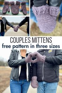 Love to hold hands? Walk the dog AND hold hands using this free couples mittens crochet pattern in several sizes!