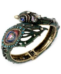 Betsey Johnson Brass-Tone Multicolor Peacock Hinged Bangle Bracelet | macys.com