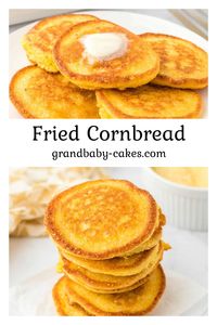 Made with a simple mix of buttermilk and cornmeal, these Fried Cornbread fritters (A.K.A cornbread pancakes or cornbread cakes) are crispy on the outside and oh-SO-tender on the inside! They’re the kind of treat that makes you wanna get up early just to enjoy ’em warm, straight out of the skillet, with a pat of butter melting on top. Talk about a good morning, y’all!