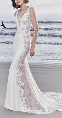 Sottero and Midgley - BRADFORD ROSE, Sheer lace and lace motifs comprise the side insets, statement back, and statement train in this Vesna Crepe sheath wedding dress, creating a uniquely sexy look. #Midgleybride #SotteroandMidgley #modernbride #syttd #chicweddings